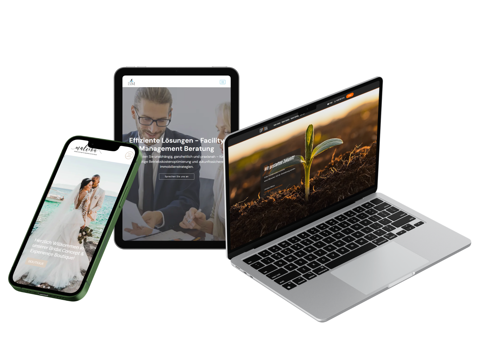 Dieselbe Website auf Smartphone, Tablet und Notebook – responsiv aufgebaut und über alle Geräte hinweg gepflegt.
